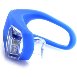 A blue Myrto Torch featuring a sleek design with an attached strap and a bright light. It has a small logo.