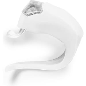 A white Myrto Torch keyring featuring a sleek design and a transparent light section. It includes a branding logo.
