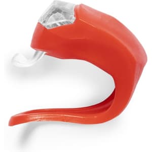 A red Myrto Torch keyring with a clear light cover. It features a simple, ergonomic design and has a logo.