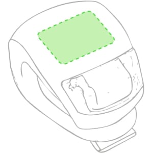 A keyring torch with a green light housing and a compact design, featuring a simple layout and a logo.