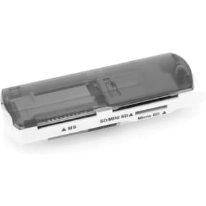 A multi-card reader in black and white, featuring slots for MS, SD, and Micro SD cards. It has a sleek design with a logo.