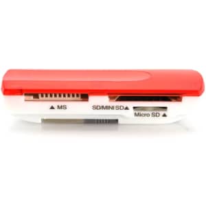 A red and white card reader with slots for MS, SD, and Micro SD cards. It features a compact design.