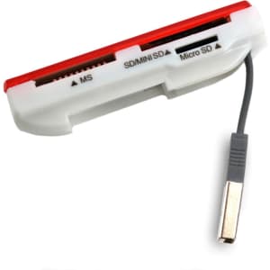 A red and white Dira Card Reader with slots for SD, mini SD, and micro SD cards, connected by a cable.