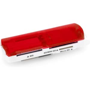 A red and white card reader with multiple slots for various memory cards. It features a logo on the body.