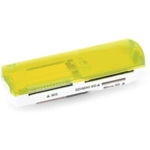 A yellow and white Dira Card Reader with slots for various memory card types, featuring a protective cover.