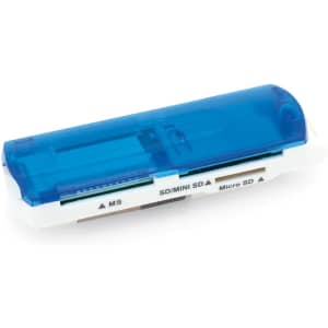 A blue Dira Card Reader with multiple slots for MS, SD/MINI SD, and Micro SD cards, featuring a white base.