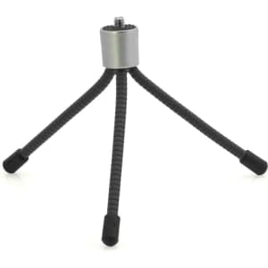 A tripod featuring a silver mount and three flexible black legs with rubber tips. It has a logo on the mount.