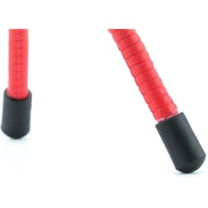 A close-up of a red flexible tripod with black rubber feet. The design features textured segments for grip.