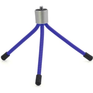 A purple tripod with flexible legs and a silver top, featuring black rubber feet and a mounting screw.