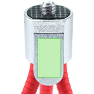 A red and silver tripod head featuring a textured surface and a threaded mount for securing devices.