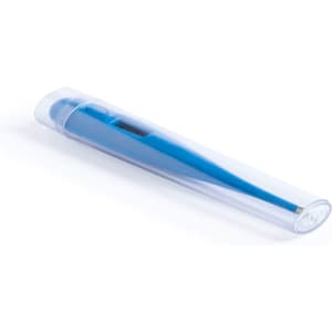 A blue digital thermometer in a clear protective case, designed for personal health use.
