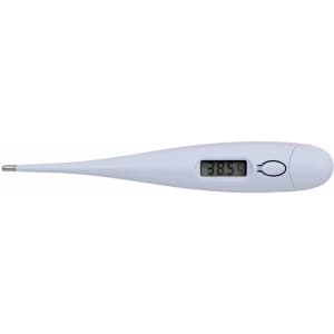 A digital thermometer in white with a display screen showing a temperature reading. It has a slim design.