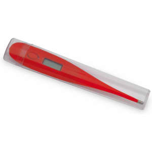 A red digital thermometer in a clear case, featuring a display screen and a sleek design.