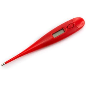 A red digital thermometer with a long tip and a digital display on the side.