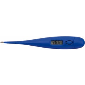 A blue digital thermometer with a long probe and a display showing a temperature reading. It features a logo.