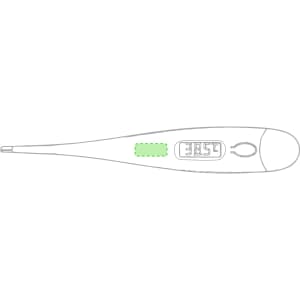 A digital thermometer in white with a green accent, featuring buttons and a display.