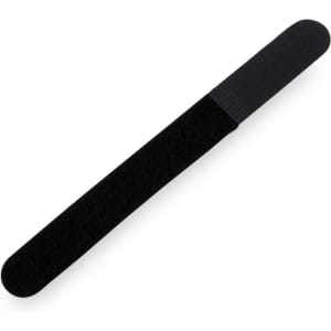 A black organiser band designed to tidy cables, featuring a textured surface and a smooth end.