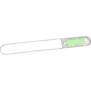 A green and grey cable tidy with a smooth surface and a branding logo at one end.