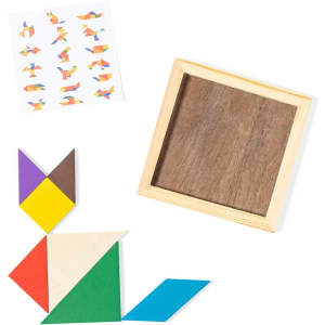 A wooden tangram puzzle set including colourful geometric pieces and a patterned guide sheet.