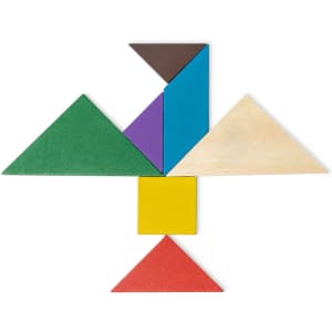 A tangram puzzle featuring various geometric shapes in green, blue, yellow, red, purple, and brown.