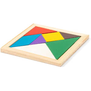 A tangram puzzle featuring various coloured shapes, including red, blue, green, yellow, purple, white, and brown, in a wooden frame.