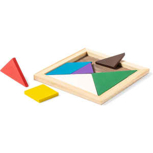 A tangram puzzle set featuring colourful geometric shapes: green, purple, blue, white, brown, yellow, and red pieces.