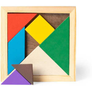 A wooden tangram puzzle featuring colourful geometric pieces in red, blue, green, yellow, purple, and brown.
