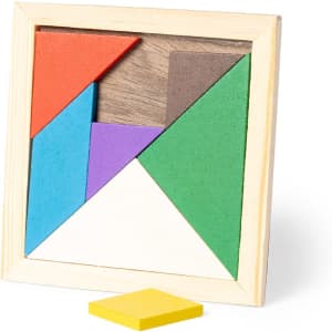 A wooden Tangram puzzle featuring various geometric shapes in red, blue, green, purple, brown, and white, with a yellow piece.