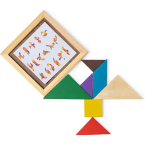 A colourful Tangram puzzle featuring wooden geometric shapes arranged creatively alongside a framed image of designs.