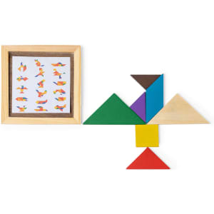 A wooden tangram puzzle featuring various colourful geometric shapes arranged to form a bird, with a framed guide image.