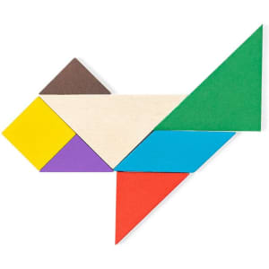 A tangram puzzle featuring various geometric shapes in colours like green, blue, yellow, red, purple, and brown.
