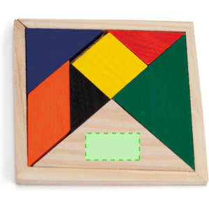 A tangram puzzle featuring various coloured wooden pieces: red, yellow, blue, black, green, and orange, arranged in a geometric design.