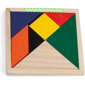 A Tangram puzzle featuring wooden pieces in red, yellow, green, blue, and black arranged in a square tray.