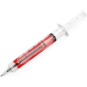 A red and clear Medic Pen designed like a syringe, featuring a nib at the end for writing.
