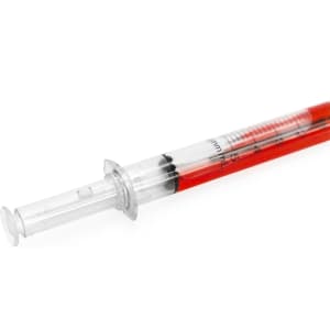 A Medic Pen designed to resemble a syringe, featuring red and clear plastic with measurement markings.