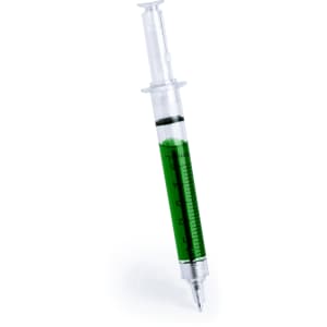 A green Medic Pen designed to resemble a syringe, featuring a clear barrel with measurement markings and a silver tip.