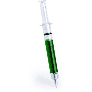 A green pen shaped like a syringe, featuring a transparent barrel and a branding logo.