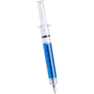 A blue syringe-shaped pen with a silver tip and a small branding logo.