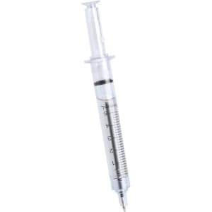A clear pen designed like a syringe, featuring measurement markings and a fine tip for writing.