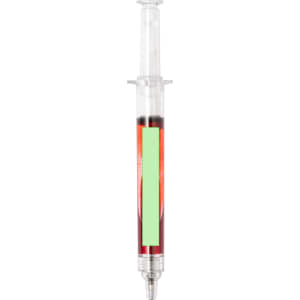 A syringe-shaped pen in transparent plastic with red ink inside, featuring a branding logo.