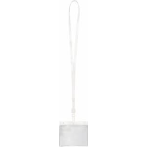 A white lanyard with a clear ID badge holder attached, suitable for events and exhibitions.