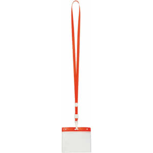 An orange lanyard with a clear ID badge holder attached, suitable for events and exhibitions.