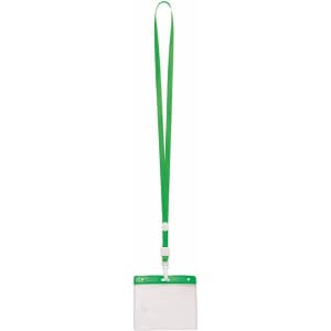 A green lanyard with a clear ID badge holder attached, suitable for exhibitions and events.