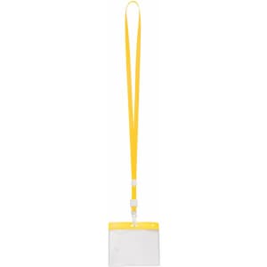 A yellow ID badge lanyard with a clear plastic holder for cards, featuring a branding logo on the attachment.