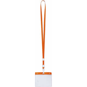 An orange lanyard with a clear ID badge holder, suitable for exhibitions and events.