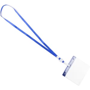 A blue lanyard with a clear ID badge holder attached. The lanyard has a simple design.