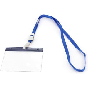 A blue lanyard with a clear badge holder attached, suitable for exhibitions and events.