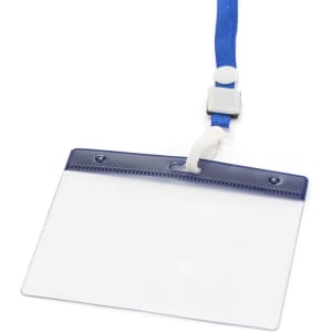 A blue lanyard with a clear ID badge holder attached. The holder is empty and features a top slot for cards.