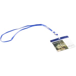 A blue lanyard with a card holder for ID badge, featuring a landscape design.