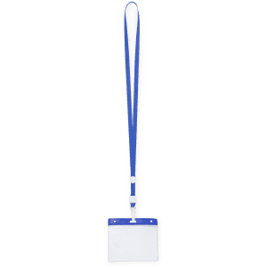 A blue and white lanyard with a transparent ID badge holder attached. It features a logo on the lanyard.